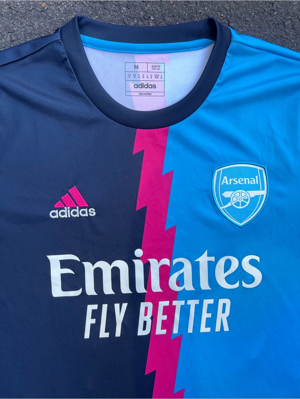 Arsenal pre match multi coloured pink and blue Adidas jersey